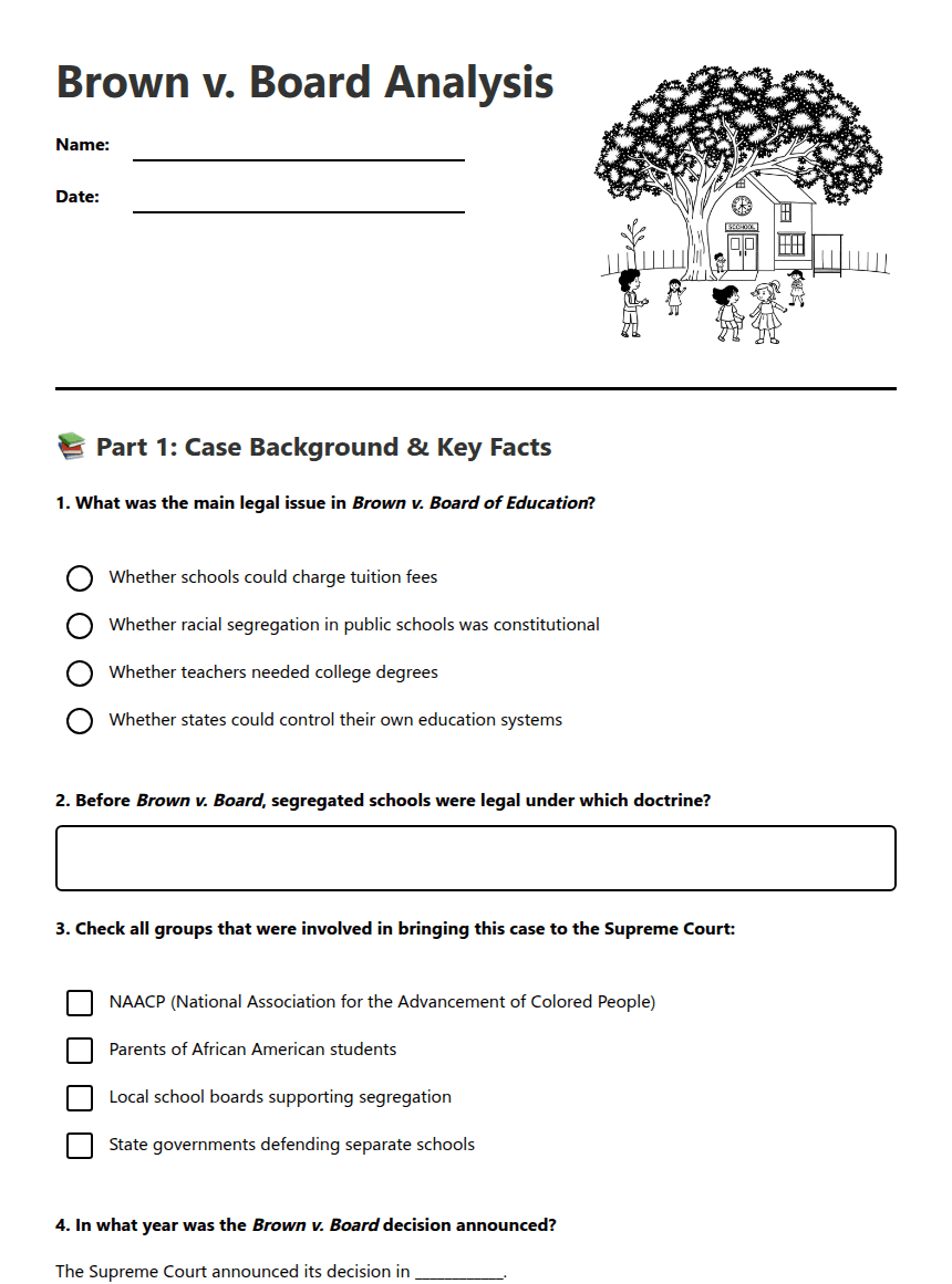 Brown v. Board Analysis worksheet preview