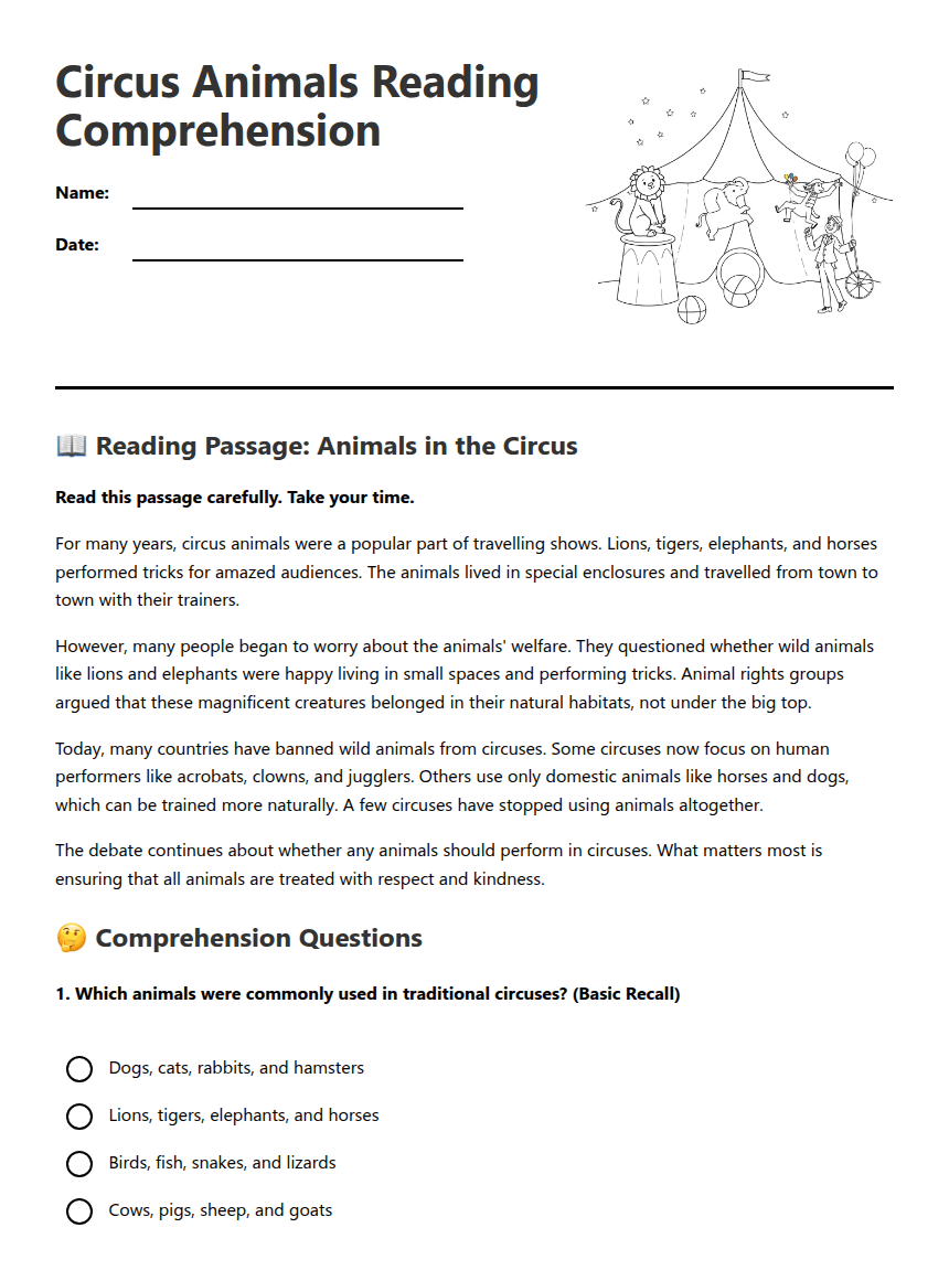 Circus Animals Reading Comprehension worksheet preview
