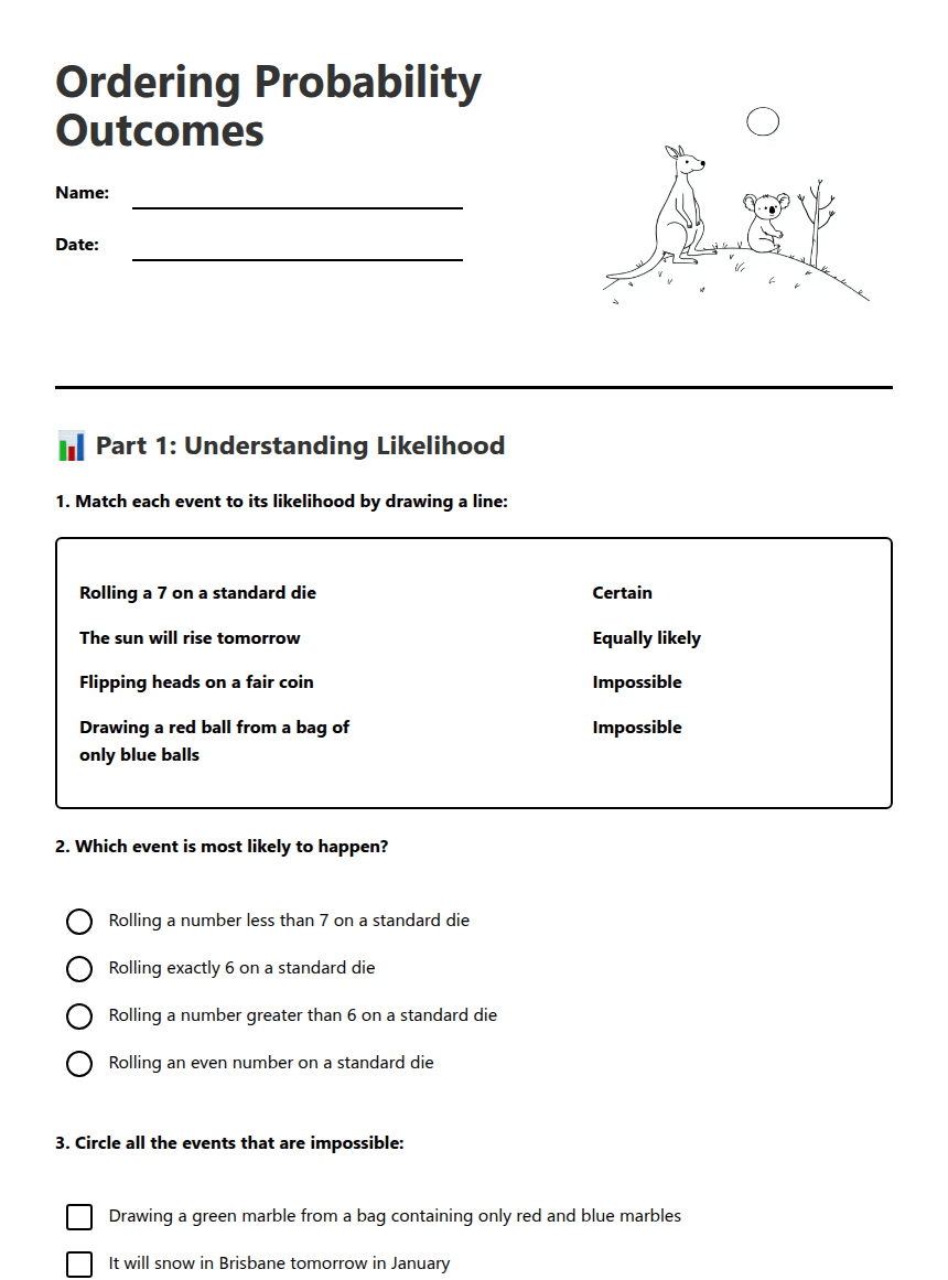 Ordering Probability Outcomes worksheet preview