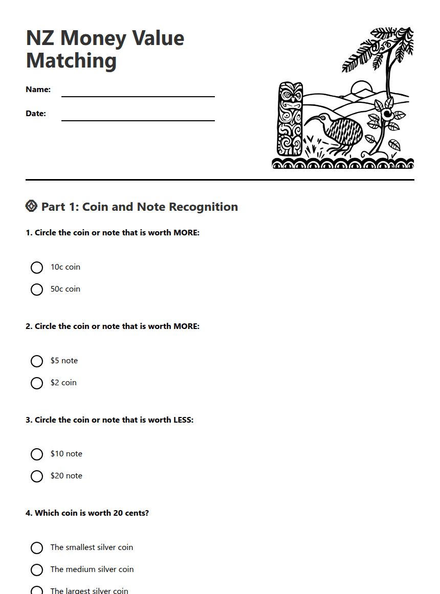 NZ Money Value Matching worksheet preview