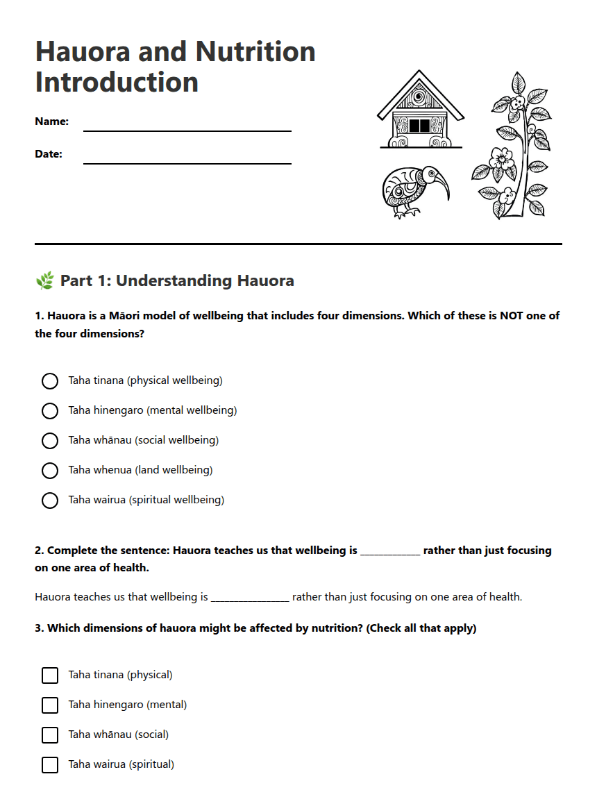 Hauora and Nutrition Introduction worksheet preview