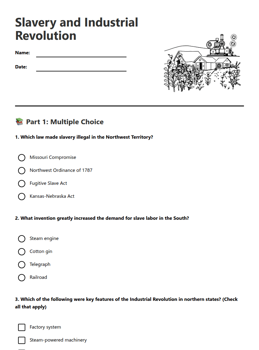 Slavery and Industrial Revolution worksheet preview