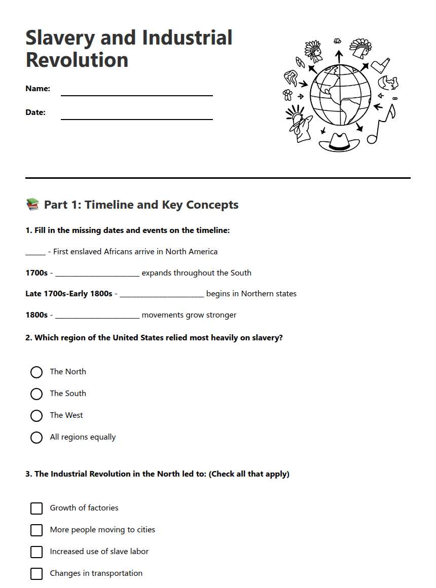 Slavery and Industrial Revolution worksheet preview