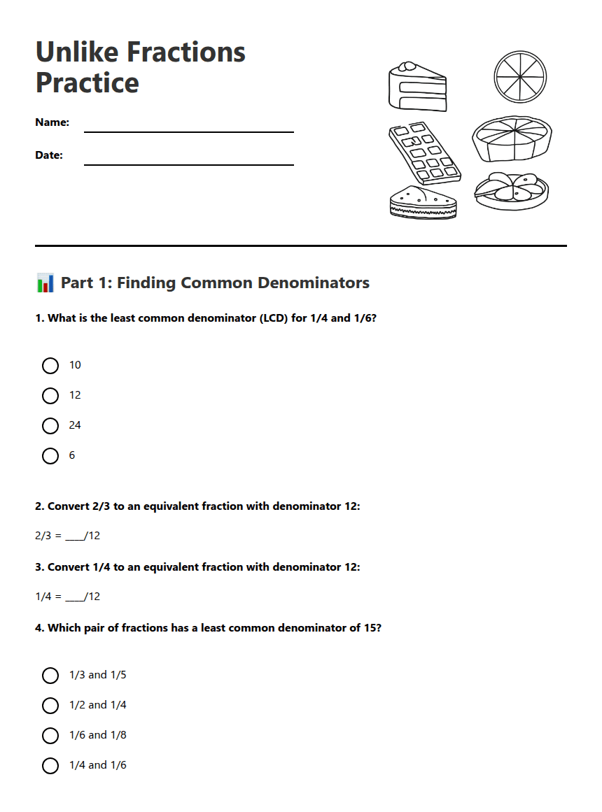 Unlike Fractions Practice worksheet preview