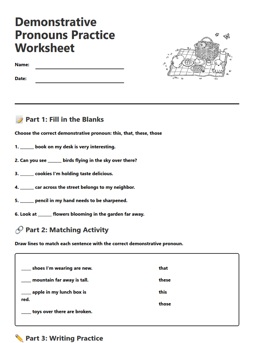 Demonstrative Pronouns Practice Worksheet