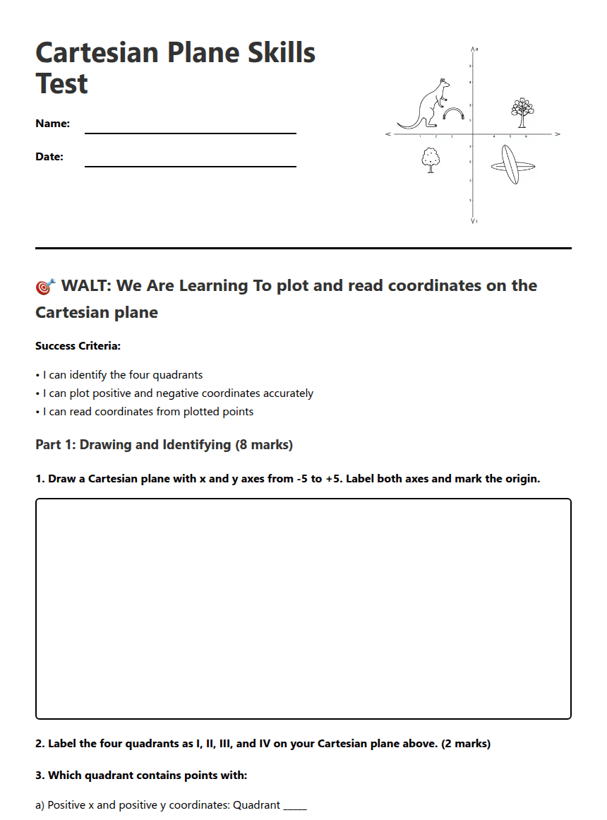 Cartesian Plane Skills Test worksheet preview