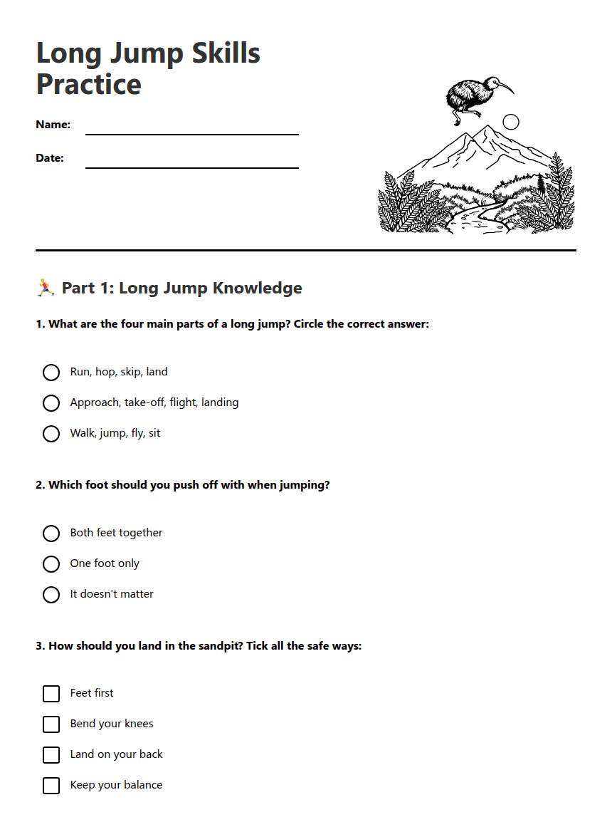 Long Jump Skills Practice worksheet preview