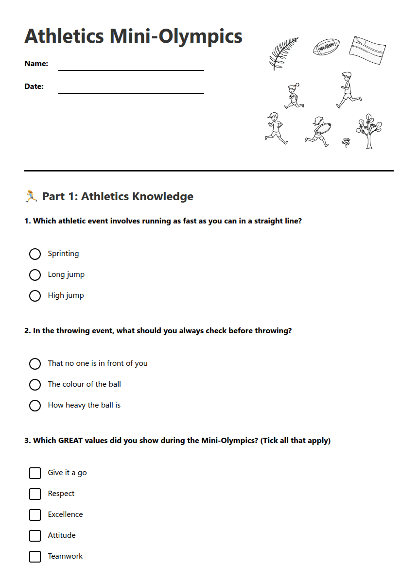 Athletics Mini-Olympics worksheet preview