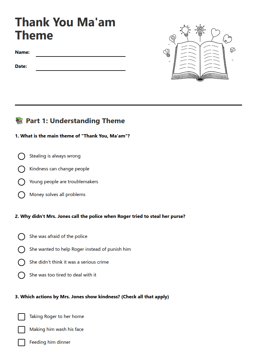 Thank You Ma'am Theme worksheet preview