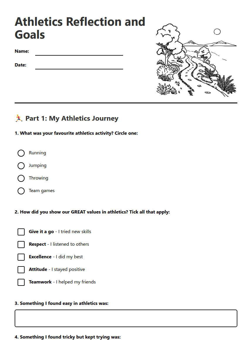 Athletics Reflection and Goals worksheet preview
