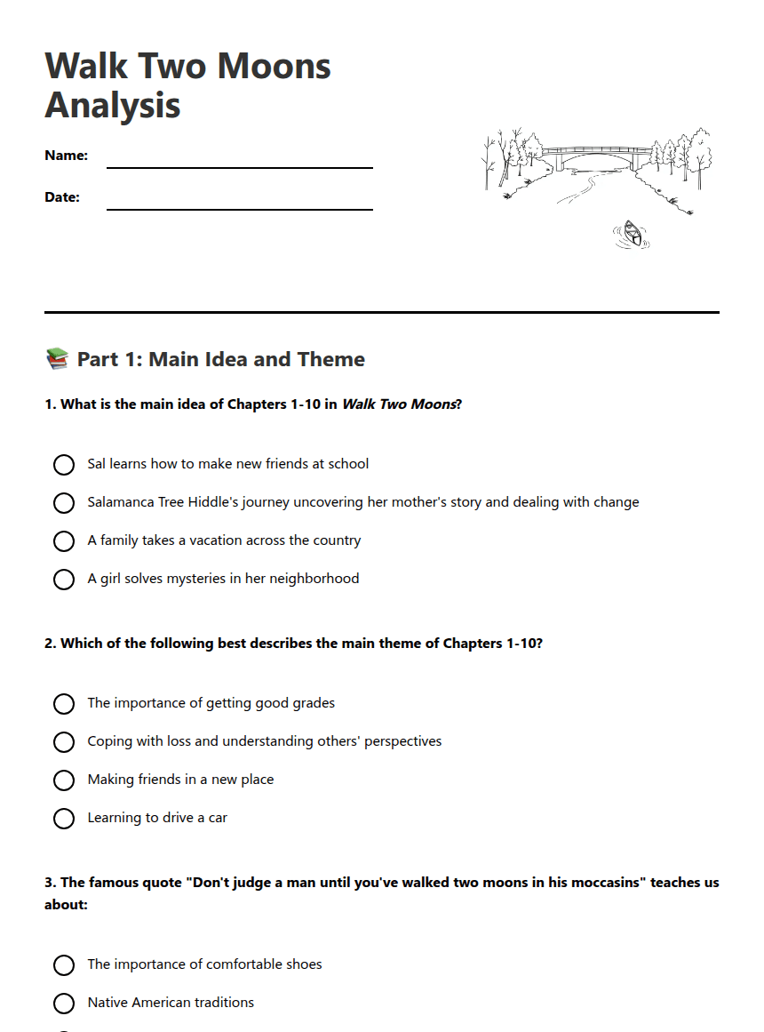 Walk Two Moons Analysis worksheet preview