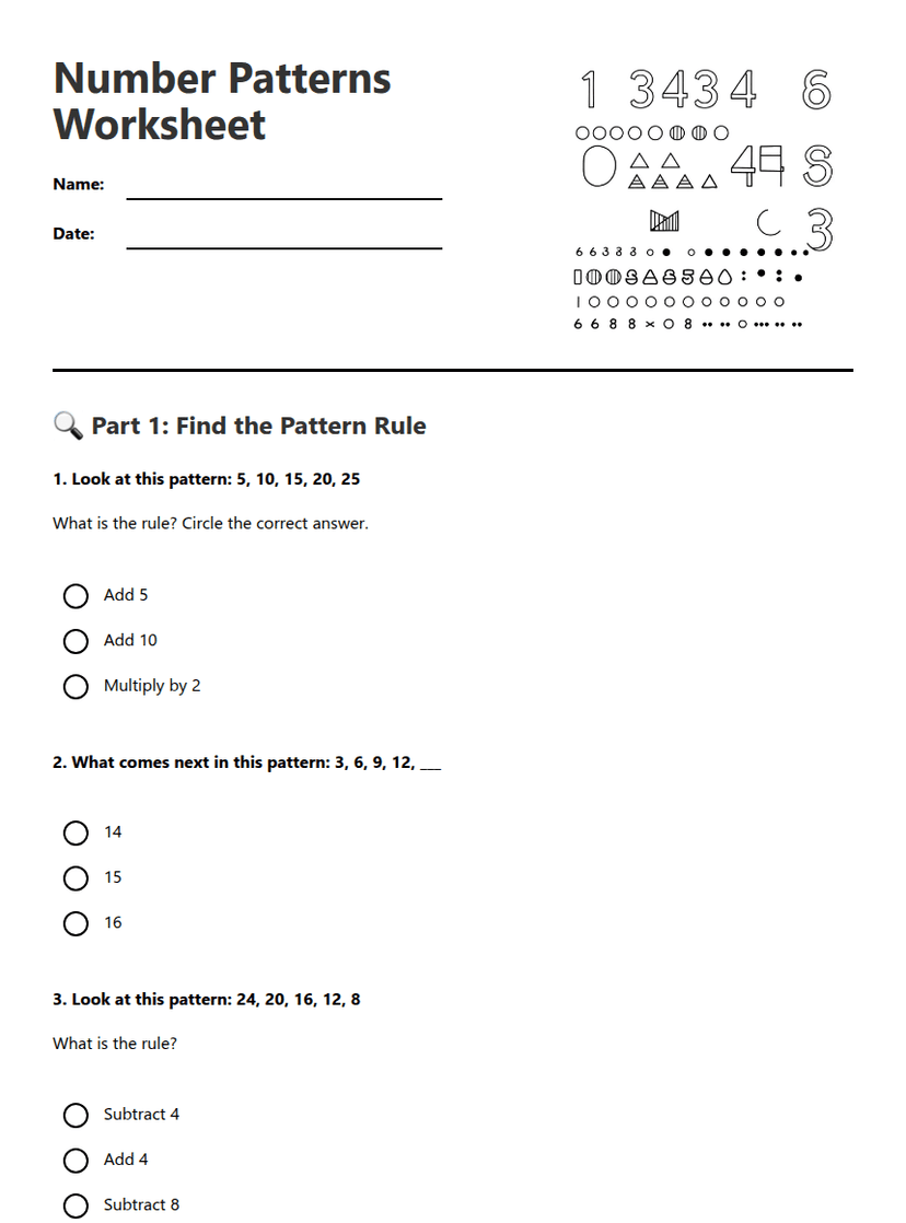 Number Patterns Worksheet