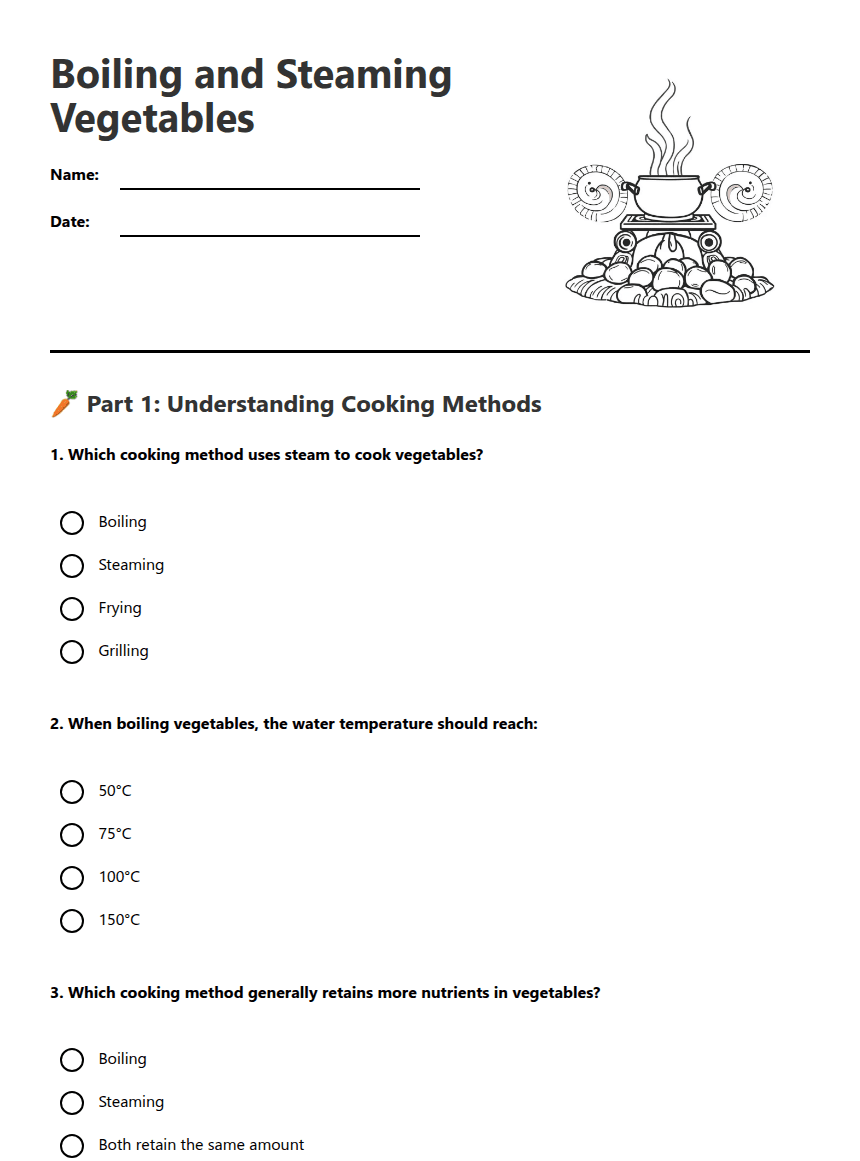 Boiling and Steaming Vegetables worksheet preview