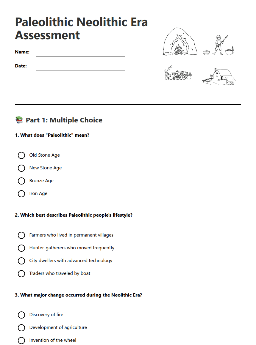 Paleolithic Neolithic Era Assessment worksheet preview