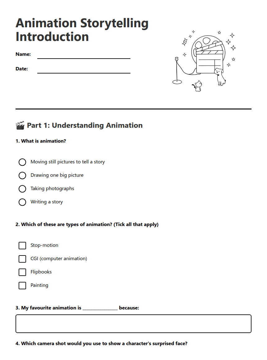 Animation Storytelling Introduction worksheet preview