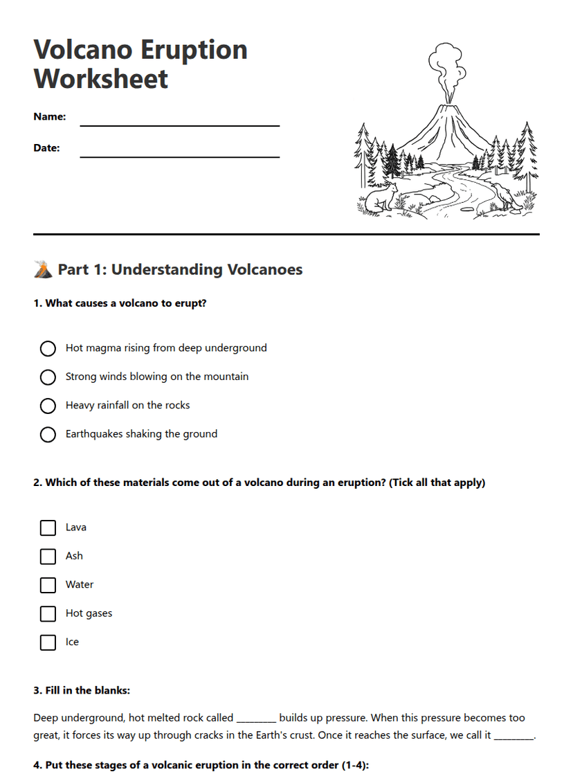 Volcano Eruption Worksheet