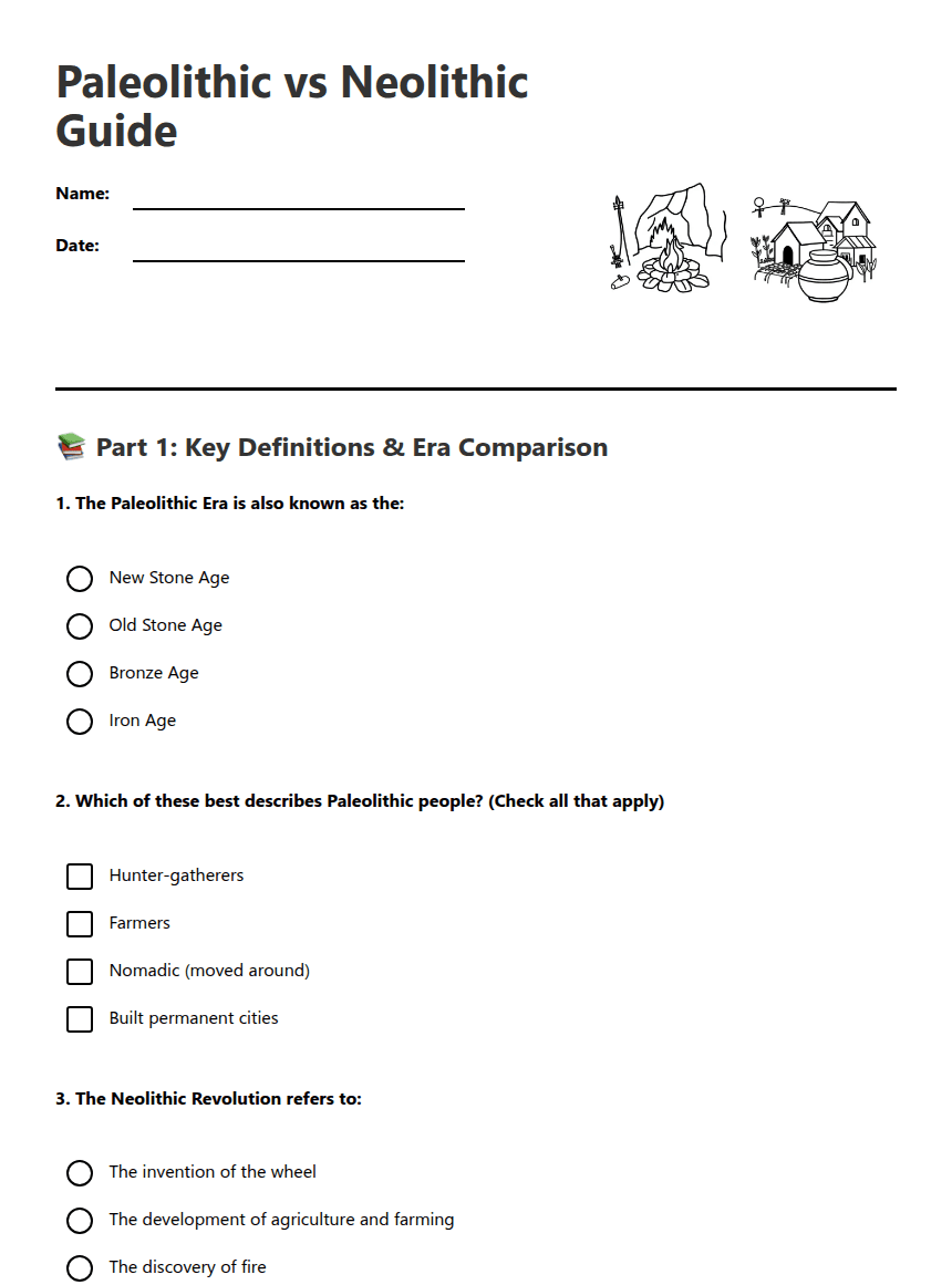Paleolithic vs Neolithic Guide worksheet preview