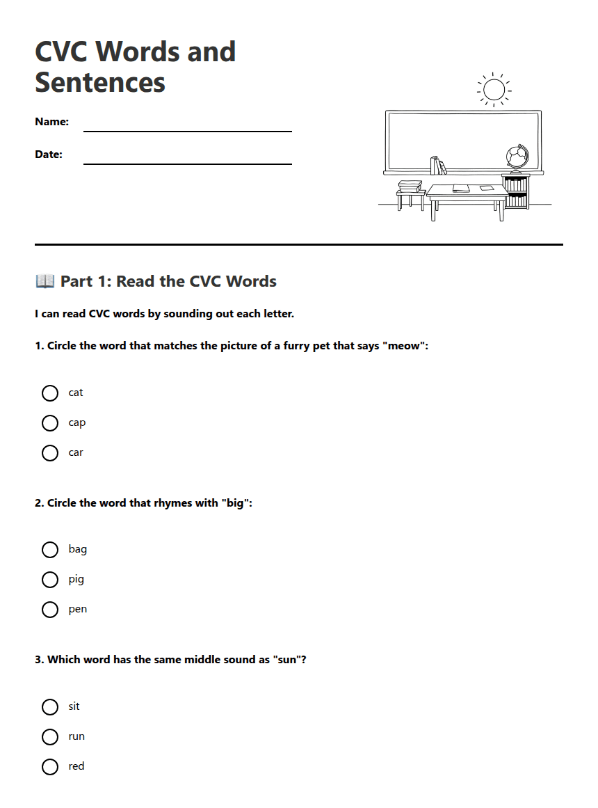 CVC Words and Sentences worksheet preview