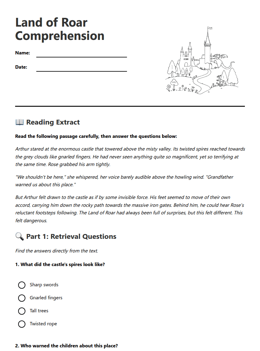 Land of Roar Comprehension worksheet preview