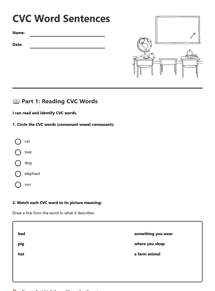 CVC Word Sentences worksheet preview