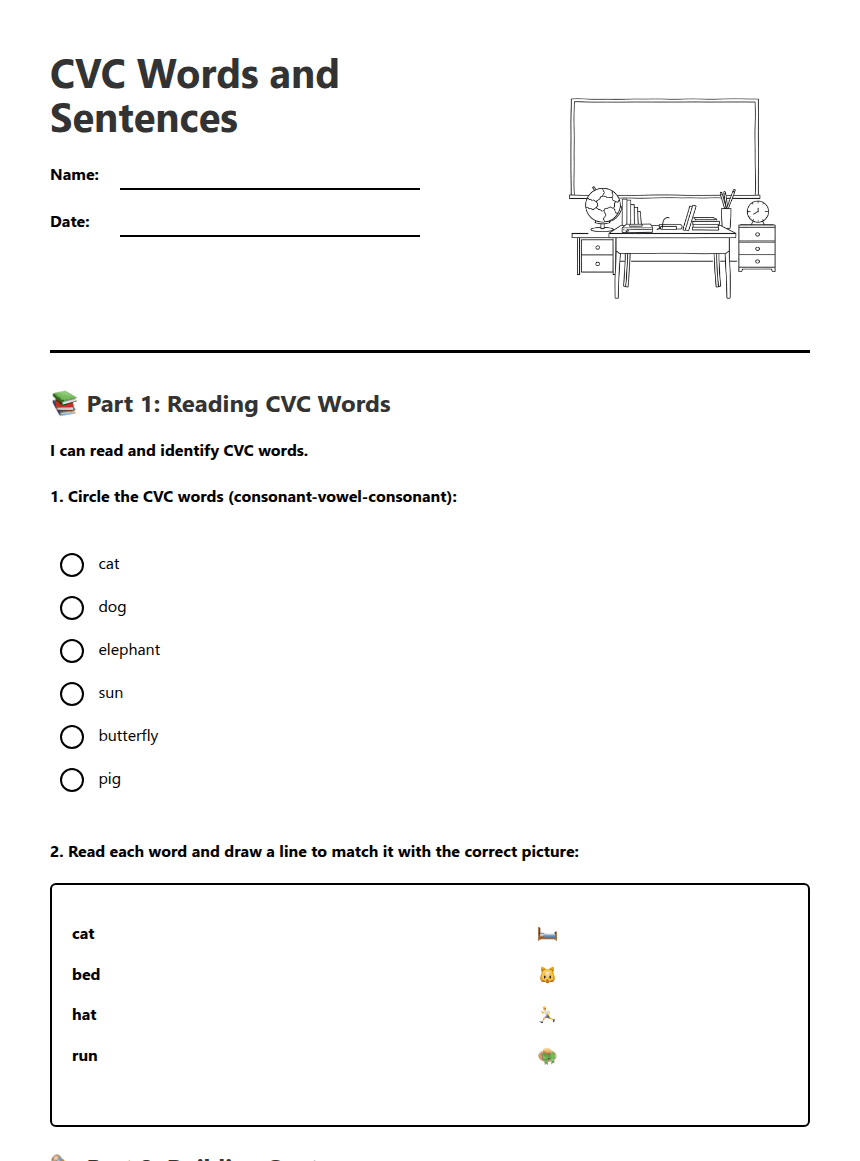CVC Words and Sentences worksheet preview