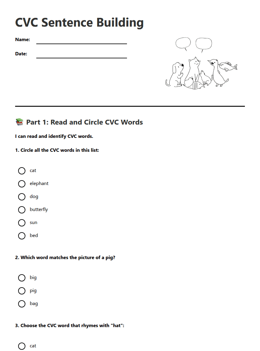 CVC Sentence Building worksheet preview