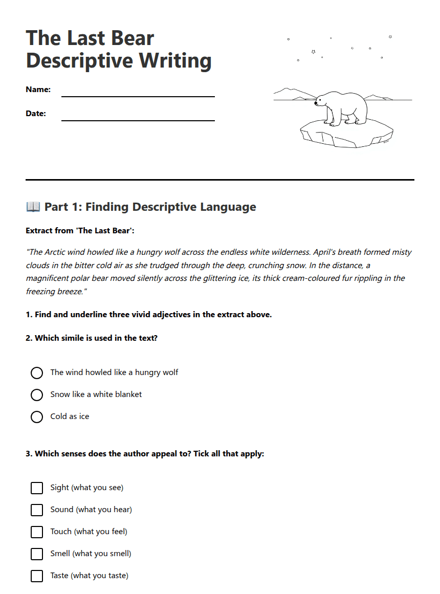 The Last Bear Descriptive Writing worksheet preview