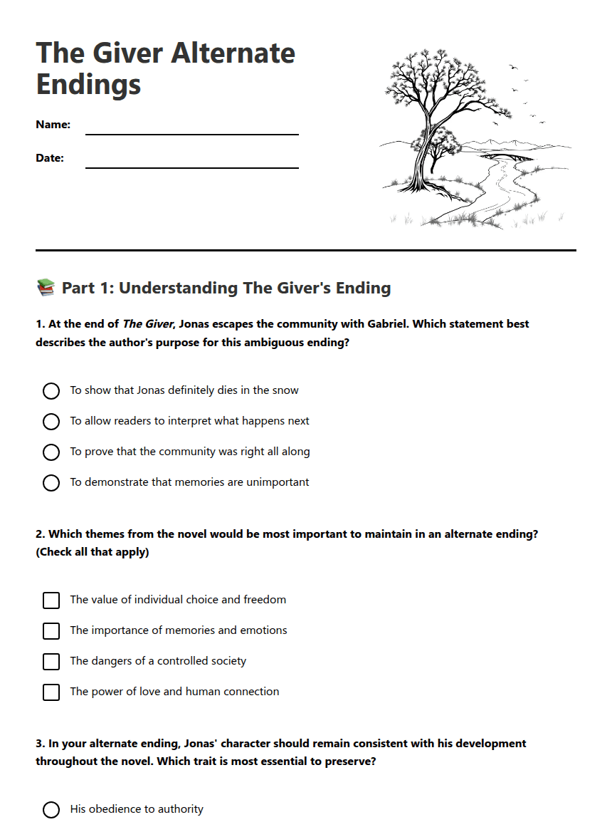The Giver Alternate Endings worksheet preview