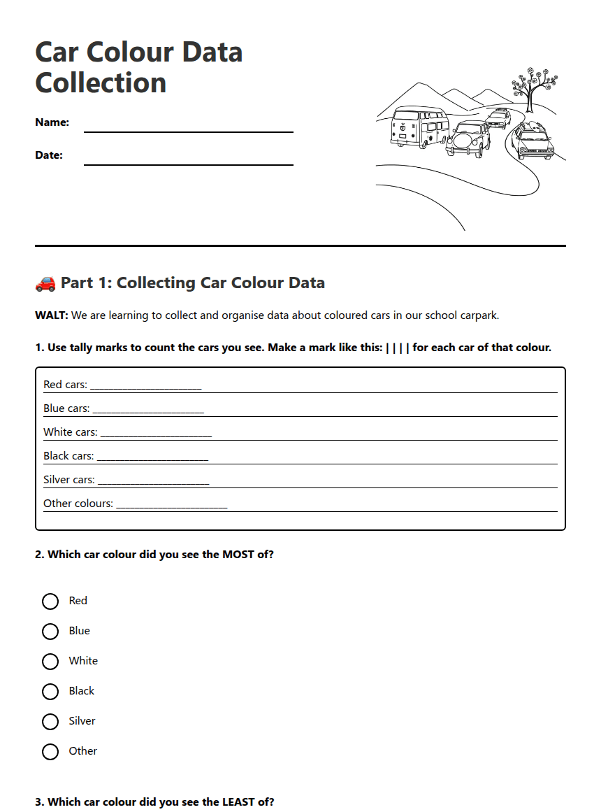 Car Colour Data Collection worksheet preview