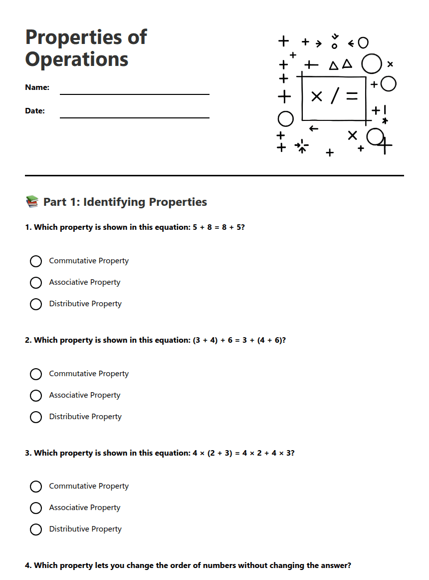 Properties of Operations worksheet preview