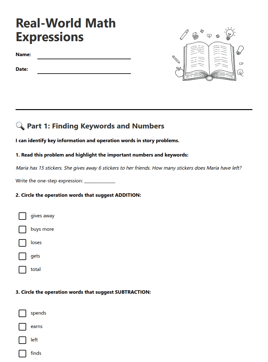 Real-World Math Expressions worksheet preview