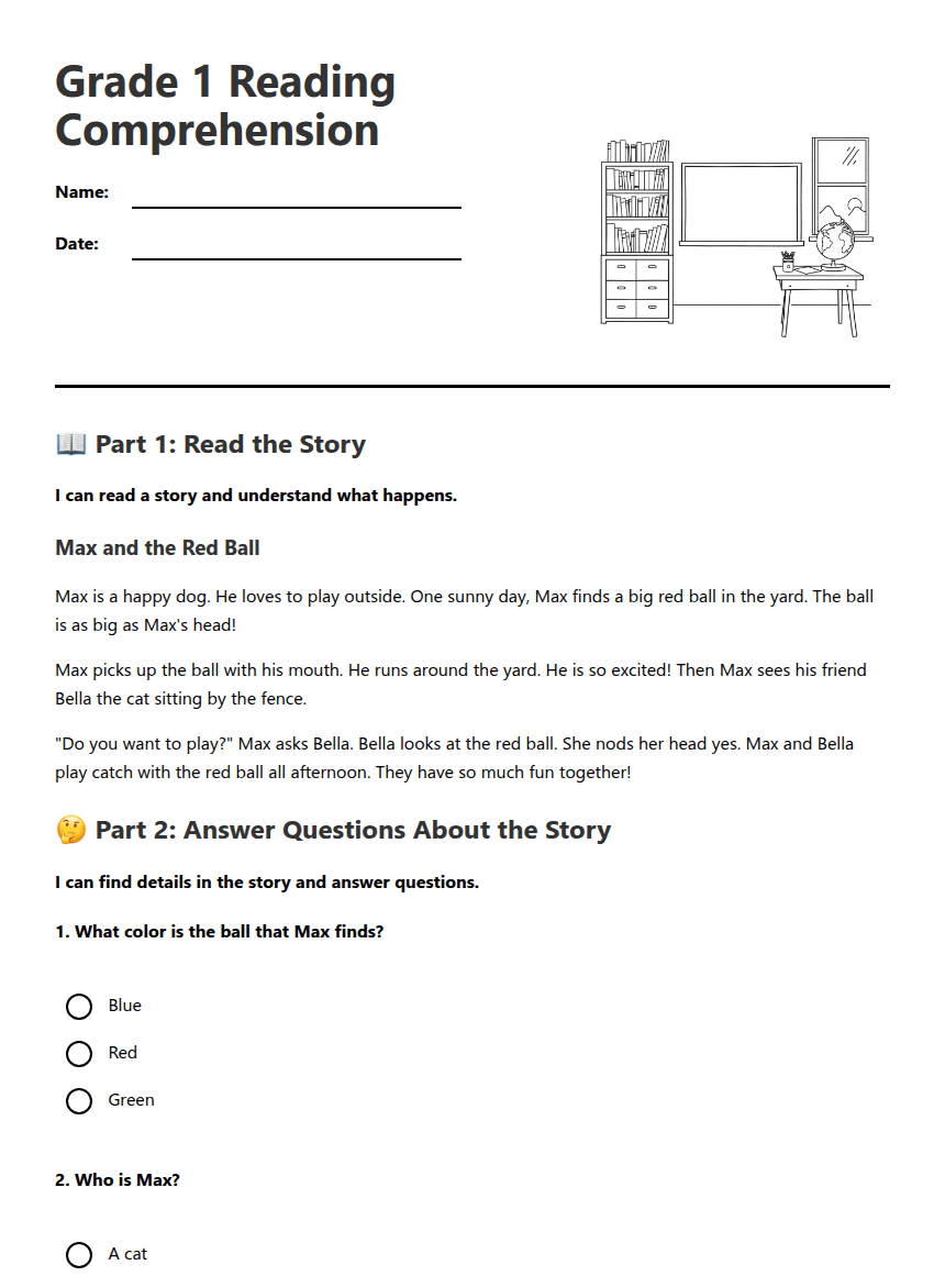 Grade 1 Reading Comprehension worksheet preview