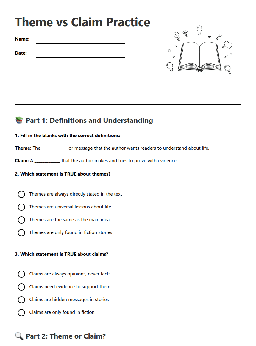 Theme vs Claim Practice worksheet preview