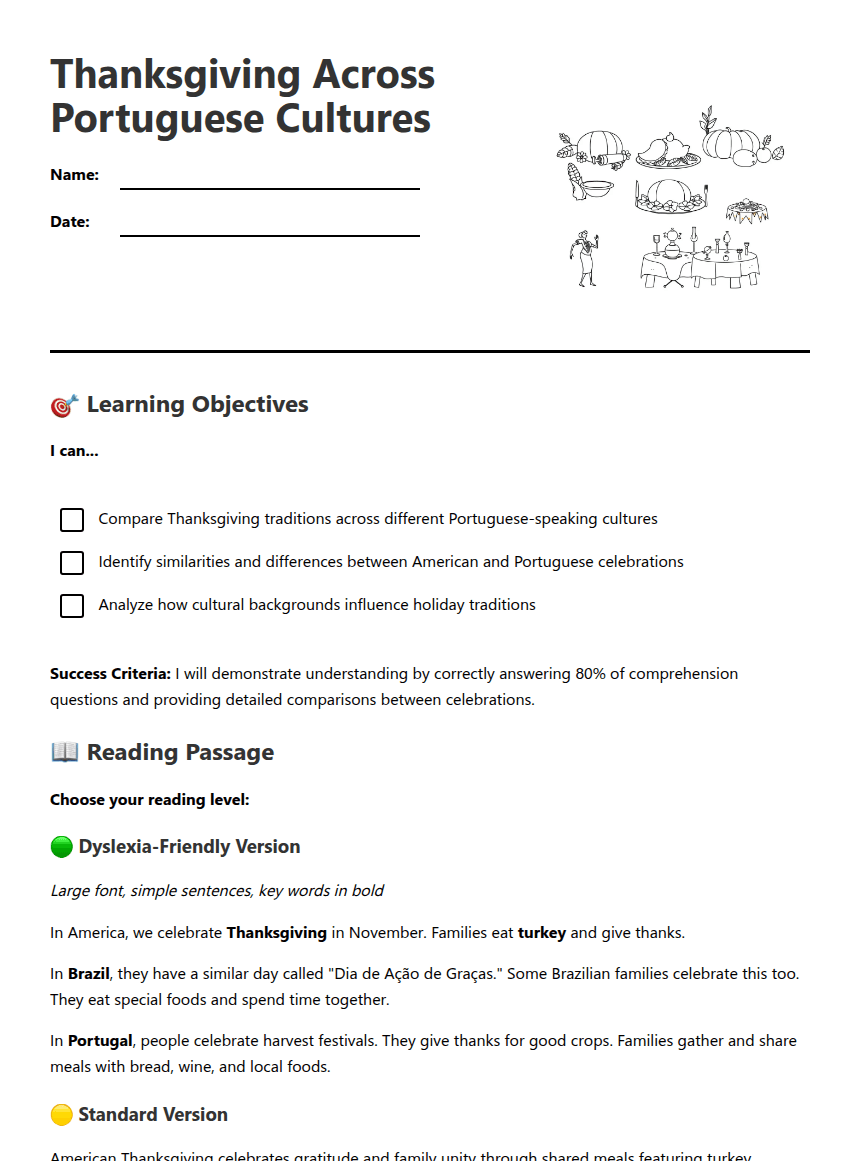 Thanksgiving Across Portuguese Cultures worksheet preview