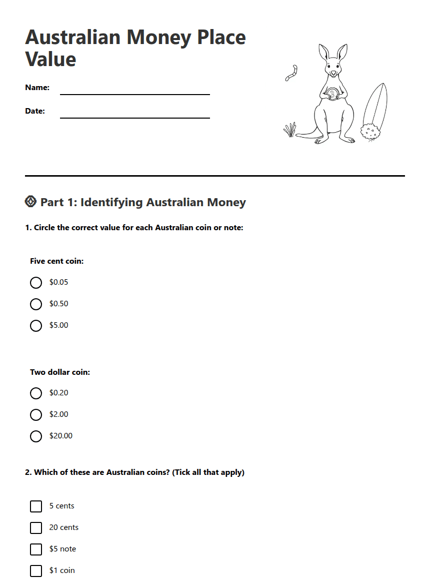Australian Money Place Value worksheet preview