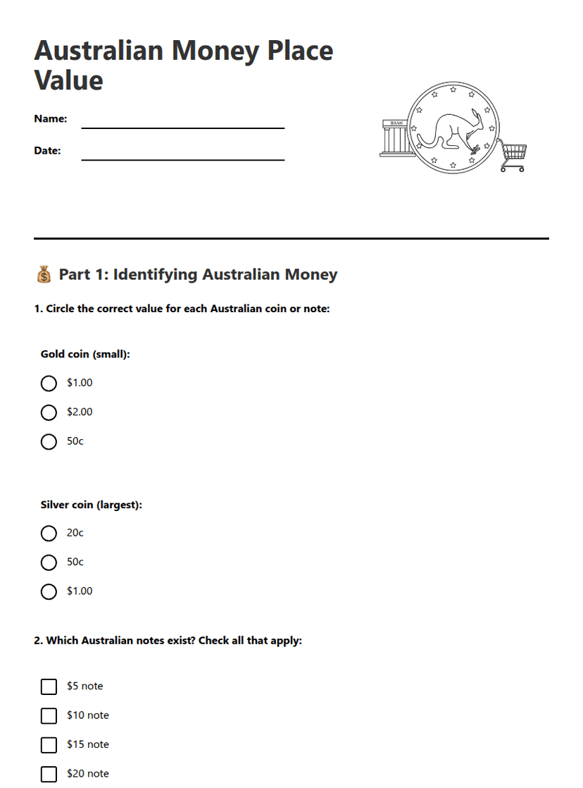 Australian Money Place Value