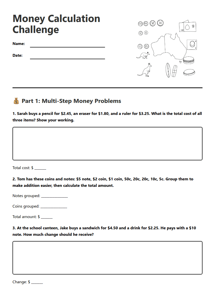 Money Calculation Challenge worksheet preview