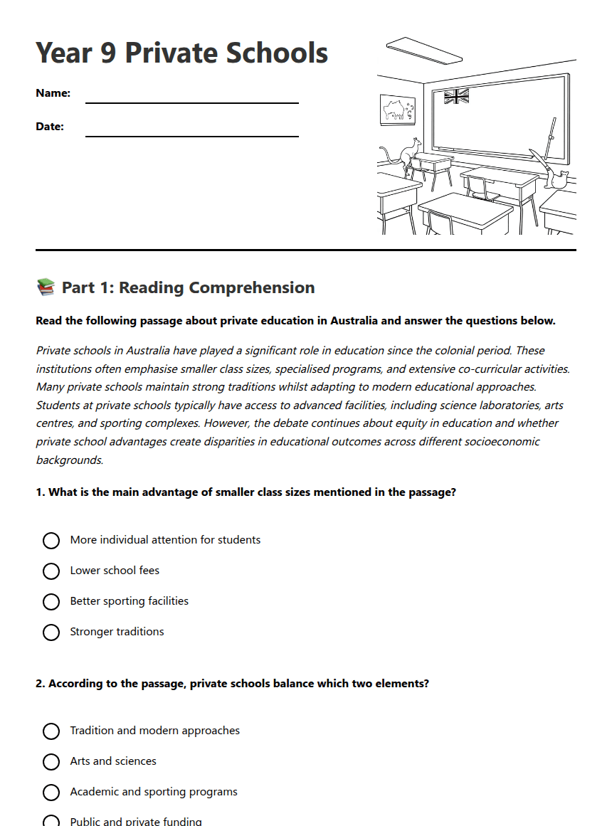 Year 9 Private Schools worksheet preview