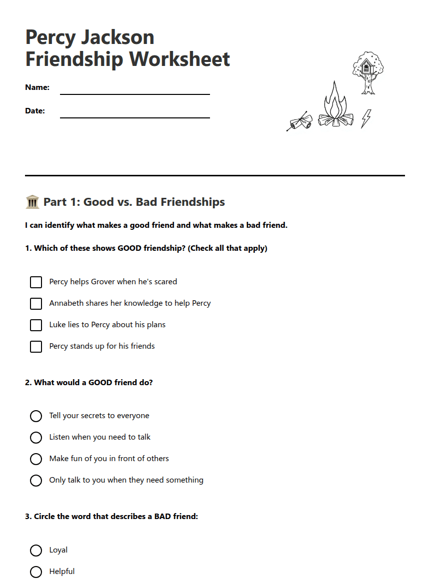 Percy Jackson Friendship Worksheet worksheet preview