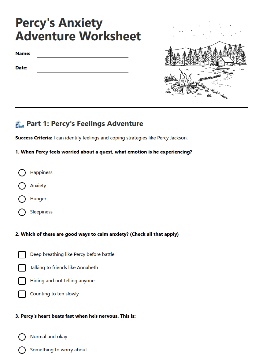Percy's Anxiety Adventure Worksheet worksheet preview