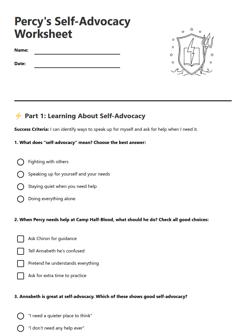 Percy's Self-Advocacy Worksheet worksheet preview