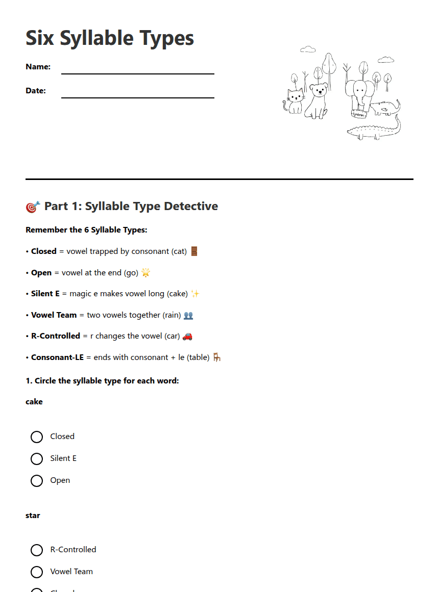 Six Syllable Types worksheet preview