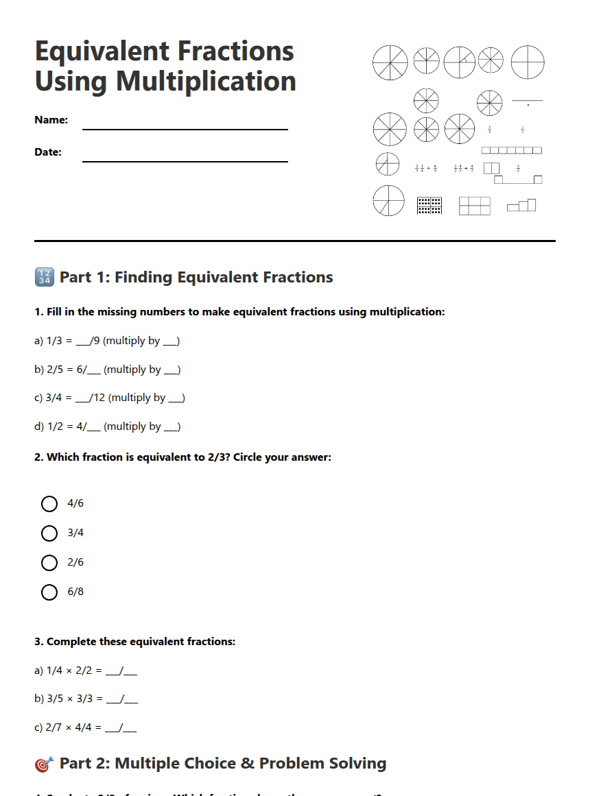 Equivalent Fractions Using Multiplication worksheet preview