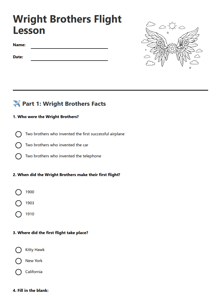 Wright Brothers Flight Lesson worksheet preview