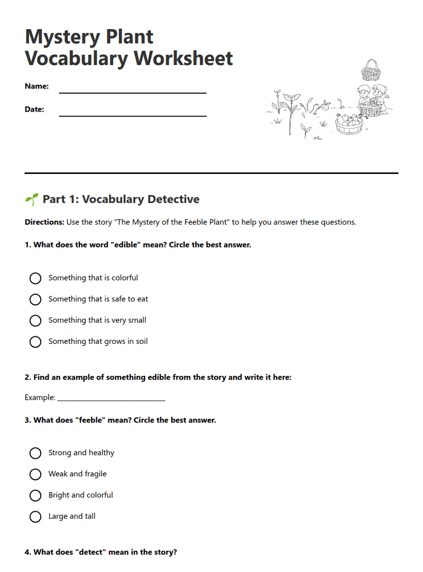 Mystery Plant Vocabulary Worksheet