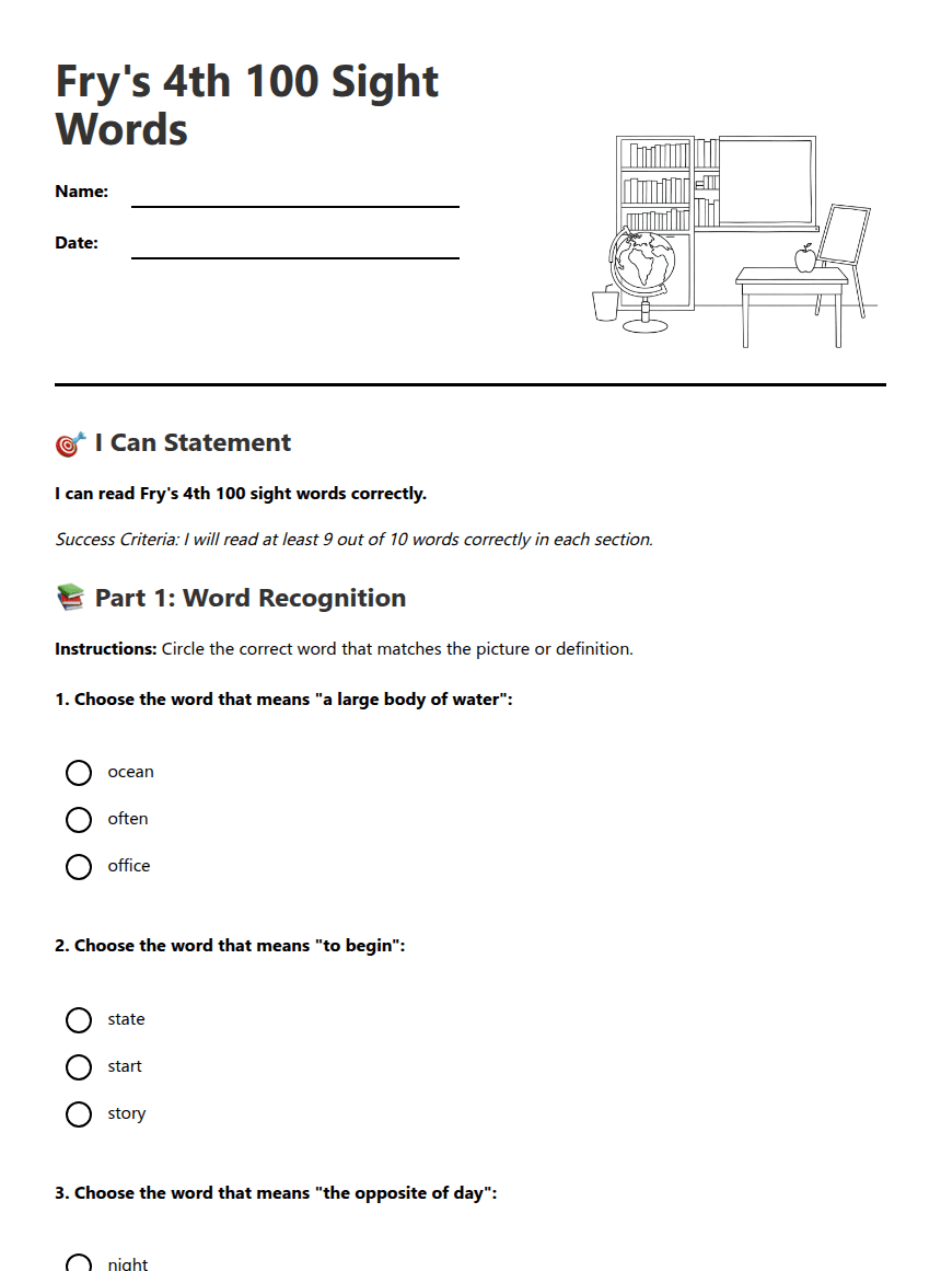 Fry's 4th 100 Sight Words worksheet preview