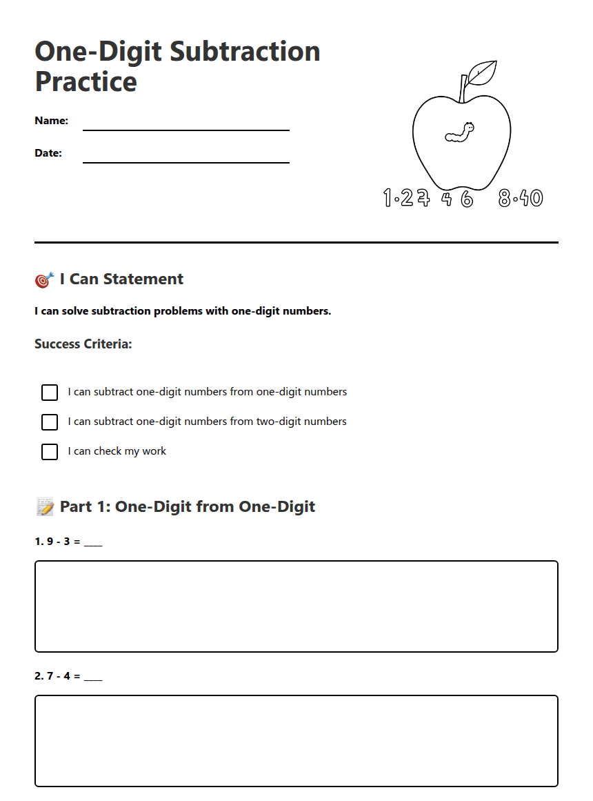 One-Digit Subtraction Practice worksheet preview
