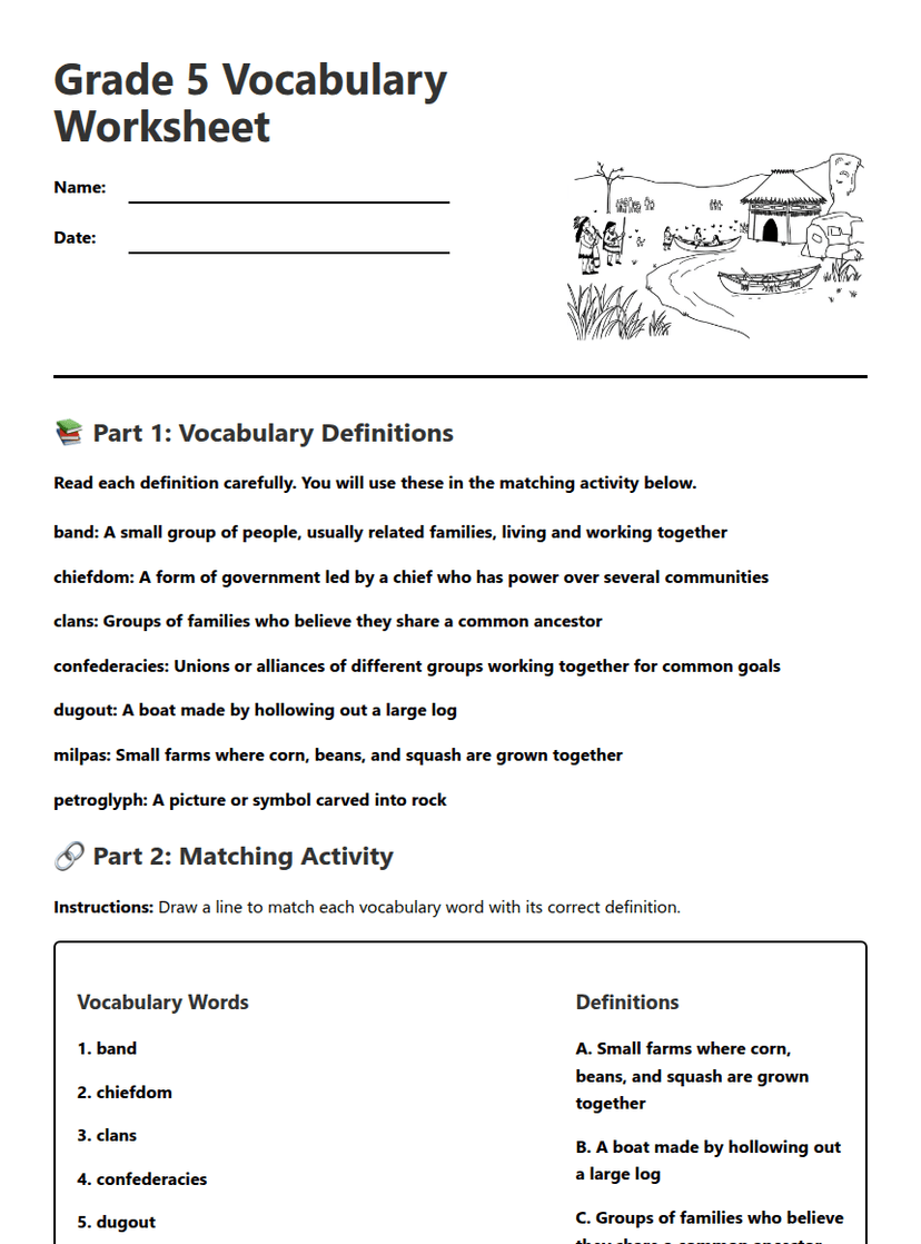 Grade 5 Vocabulary Worksheet