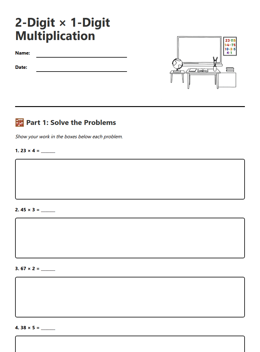 2-Digit × 1-Digit Multiplication worksheet preview