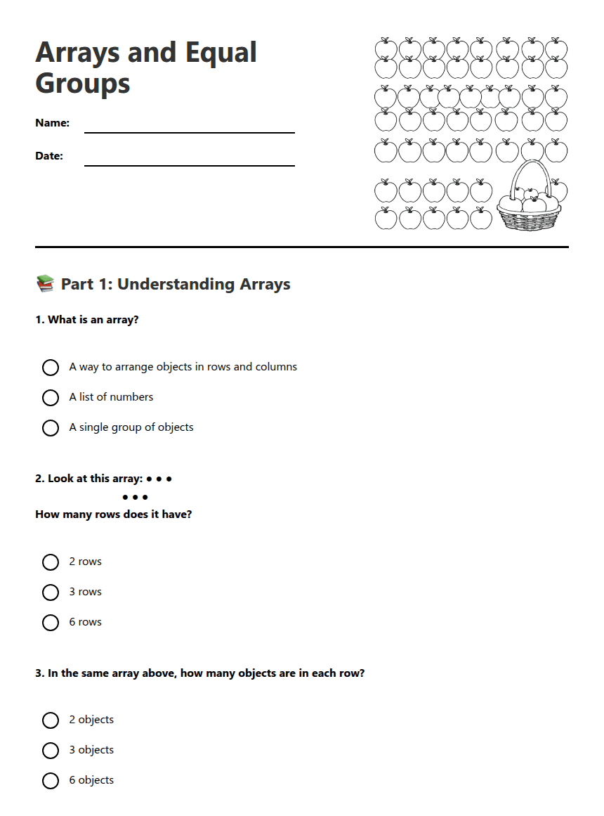 Arrays and Equal Groups worksheet preview